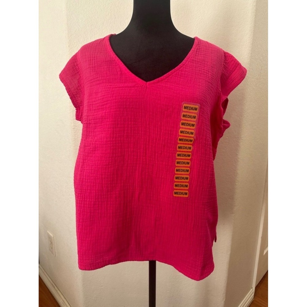 Three Dots Womens Fuchsia Pink‎ 100% Cotton Double Gauze V-Neck Top Medium NEW